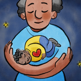 A closeup of the original watercolor-style illustration animation still from StoryCorps' Heart to Heart. The art depicts Black mother cradling her child, who is holding a heart, against a starry night sky.