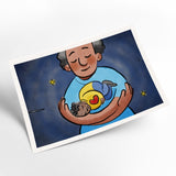 A 5×7" art print on heavily textured paper with a 0.25" white bleed. The print is of a watercolor-style illustration of a Black mother cradling her child, who is holding a heart, against a starry night sky.